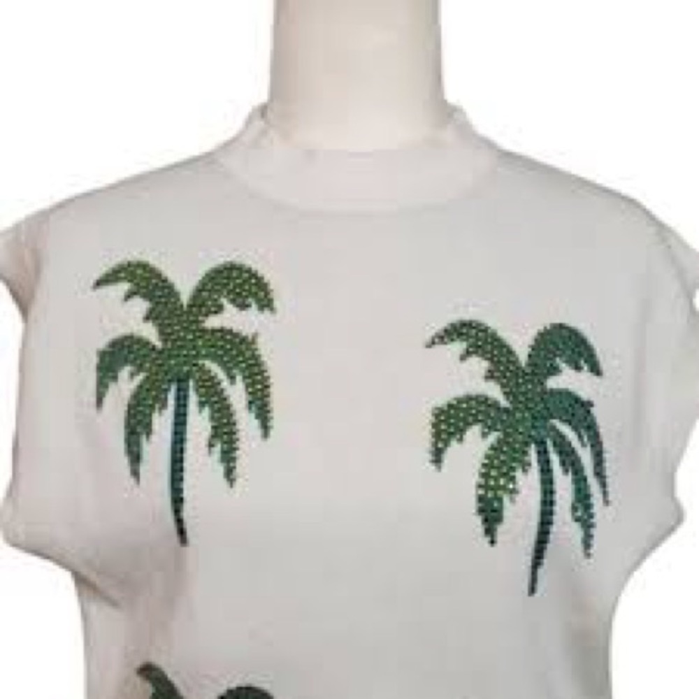 Cato White Sweater with Green Palm Tree Design